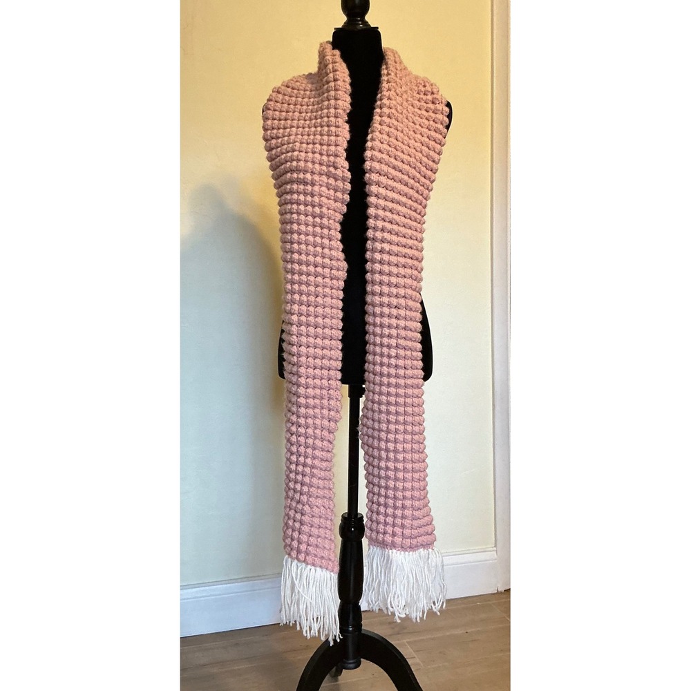 Handmade Pink Popcorn Bobble Knit Scarf with White Fringe Tassels Chunky Cozy